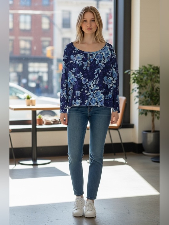Sundance Tops - SUNDANCE Rosey Delights Henley Metallic Buttons Floral Top Blue Size Medium